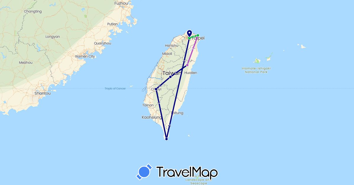 TravelMap itinerary: driving, bus, train in Taiwan (Asia)